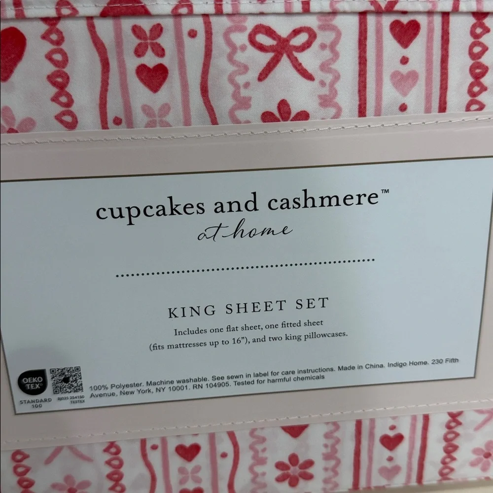 Cupcakes & Cashmere King Sheet Set Valentine Pink Bows Hearts Coquette NWT